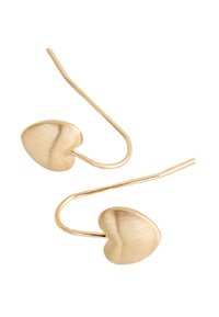 Pair of gold-tone earrings with smooth heart-shaped studs and curved hooks for pierced ears on a white background.