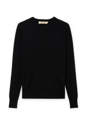 Czarny sweter z długim rękawem i okrągłym dekoltem, wykonany z delikatnej dzianiny, z prążkowanymi mankietami i dołem, ułożony płasko na białym tle.