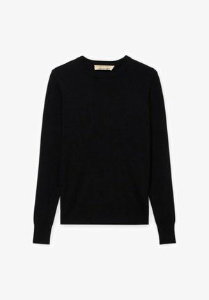 Czarny sweter z długim rękawem i okrągłym dekoltem, wykonany z delikatnej dzianiny, z prążkowanymi mankietami i dołem, ułożony płasko na białym tle.