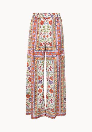 Pantalon à jambes larges avec taille élastique, arborant un imprimé foulard multicolore à motifs floraux et géométriques en orange, violet, rouge, vert et jaune.