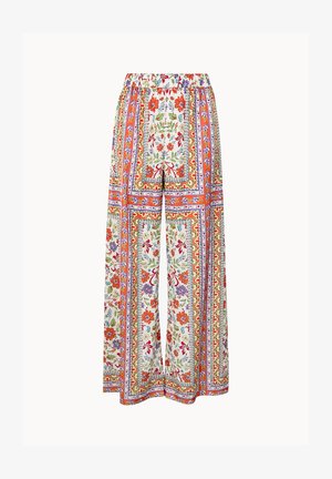 Pantalon à jambes larges avec taille élastique, arborant un imprimé foulard multicolore à motifs floraux et géométriques en orange, violet, rouge, vert et jaune.