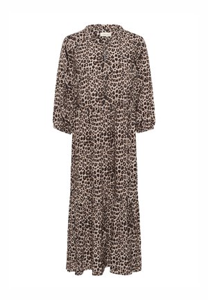 Leopardprint jurk met een ronde halslijn, korte pofmouwen en een gelaagde rok. Gemaakt van lichte stof met een zachte textuur.