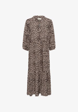 Leopardmønstret kjole med rund halsudskæring, korte pufærmer og lagdelt nederdel. Lavet af letvægtsstof med en blød tekstur.