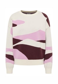 Gebreide trui in crème, met abstracte golfpatronen in roze en bordeaux. Ronde halslijn, zachte textuur en een iets losse pasvorm.