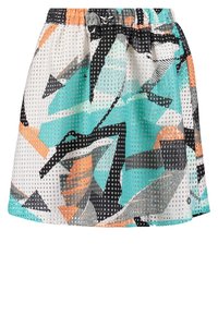 Jupe à motifs géométriques multicolores en tissu maille léger. Elle présente une ceinture élastique et des formes en bleu sarcelle, orange et noir.