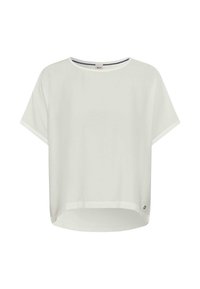 Hvid kortærmet T-shirt lavet af letvægtsstof, med rund halsudskæring og en lille metaldetalje på siden.