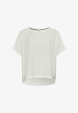 Witte T-shirt met korte mouwen van lichtgewicht stof, met een ronde halslijn en een kleine metalen accent aan de zijkant.