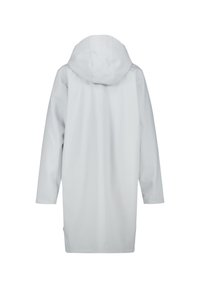 Long, hooded raincoat in light gray, made from waterproof material, featuring a smooth texture and minimalistic design with long sleeves.