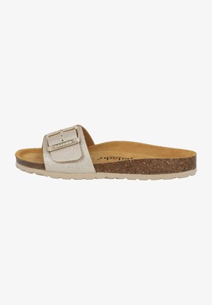 Slide sandal with a glittery silver synthetic upper, adjustable buckle detail, cork footbed, and rubber outsole, providing comfort and support.