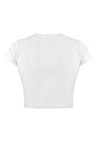 Weißes, kurz geschnittenes T-Shirt aus glattem Baumwollstoff, mit kurzen Ärmeln, rundem Halsausschnitt und minimalen Nähdetails.