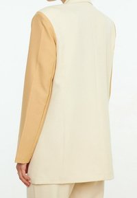 Hellbeige Blazer mit kontrastierenden hellbraunen Ärmeln, der ein maßgeschneidertes Design und eine glatte Textur aufweist, geeignet für formelle oder geschäftliche Anlässe.