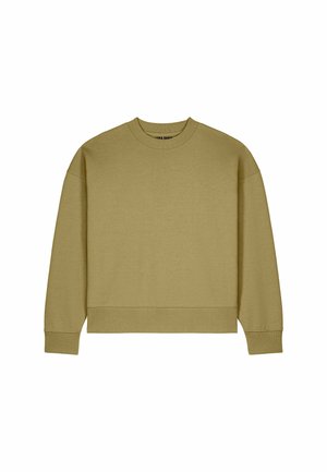 Sweatshirt beige à manches longues et col rond, avec poignets et ourlet côtelés, présenté à plat sur fond blanc.