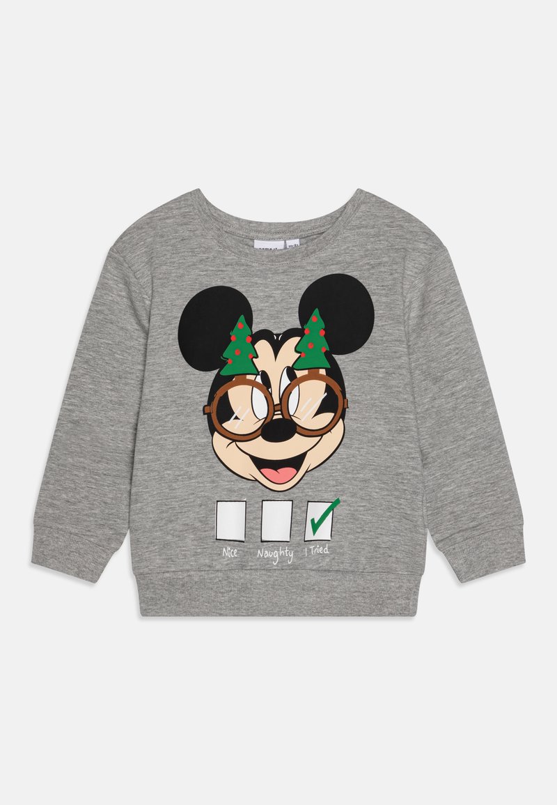 Felpa grigia con collo tondo, presenta il volto di un personaggio dei cartoni animati, orecchie oversize e alberi verdi. Le stampe includono caselle di controllo etichettate "Buono", "Cattivo" e "Ho provato".