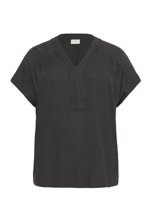 Blouse en lin noire à manches courtes, décolleté en V et détails plissés aux épaules. Coupe droite, design minimaliste et texture lisse.