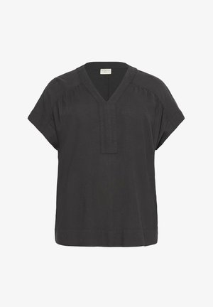 Mustem linane pluus lühikeste varrukatega, V-kaelusega ja volditud detailidega õlgadel. Sirge lõige, minimaalne disain ja sile tekstuur.