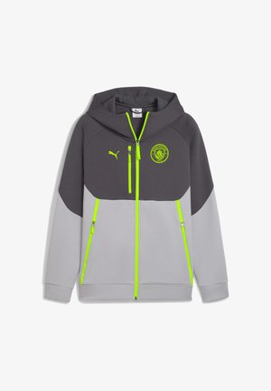 Grå og lys grå zip-up hoodie med hætte. Neon grønne accenter på lynlåse og logo. Blødt materiale med et sporty design.
