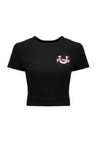 Czarny krótki t-shirt wykonany z bawełny, z okrągłym dekoltem i krótkimi rękawami. Na froncie znajduje się logo „TRUE RELIGION” z podkową.