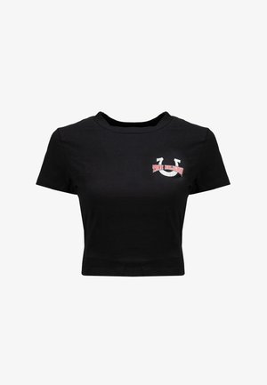 Zwart cropped t-shirt van katoen, met een ronde hals en korte mouwen. Voorzijde voorzien van "TRUE RELIGION" logo met hoefijzer.