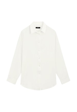 Weißes, langärmliges Hemd mit Knöpfen, spitzem Kragen und Manschetten, minimalistisches Design, flach auf weißem Hintergrund präsentiert.