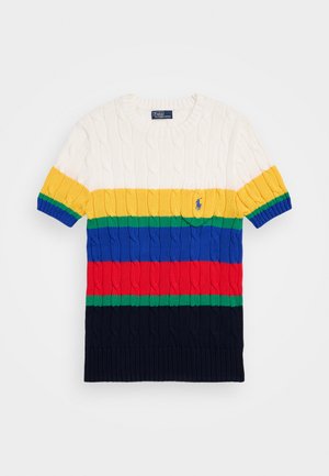 Maglione a maniche corte di colore bianco con texture a maglia a trecce. Presenta righe orizzontali in giallo, verde, blu, rosso e blu navy, con dettaglio del logo.