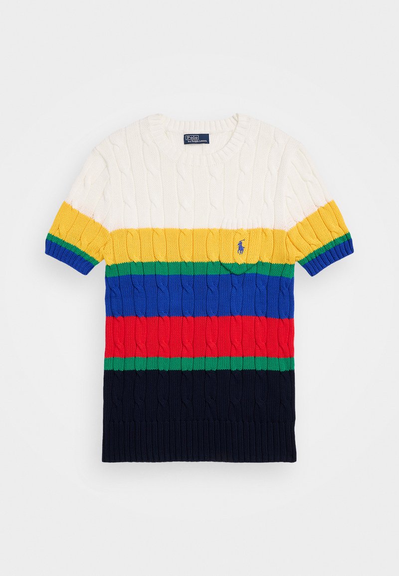 Pull à manches courtes en blanc avec texture en tricot torsadé. Présente des rayures horizontales en jaune, vert, bleu, rouge et marine, avec un détail de logo.