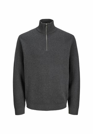 Temno sivi pulover z visokim ovratnikom in zadrgo do polovice. Narejen iz strukturirane pletene tkanine, z dolgimi rokavi in sproščenim krojem.