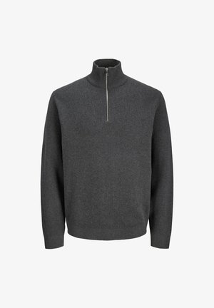 Tumši pelēks džemperis ar augstu apkakli un puskabatu aizdari. Izgatavots no strukturētas adītas auduma, ar garām piedurknēm un brīvu piegriezumu.