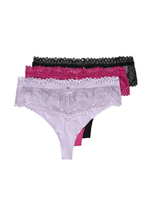Drie kanten stringtangas voor dames in zwart, donkerroze en lichtpaars, gestapeld en gepresenteerd op een witte achtergrond.