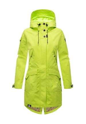 Kirkas neonvihreä vedenpitävä takki hupulla, jossa on napit ja vetoketjukiinnitys, kaksi suurta etutaskua ja kuvioitu sisävuori.