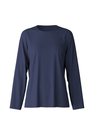 Navy long-sleeve shirt made of smooth, soft fabric. Round neckline and relaxed fit with no visible graphics or embellishments.