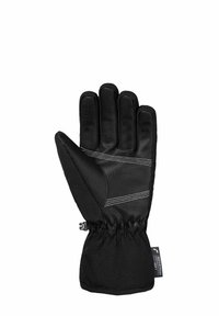 Sort isoleret handske med struktureret greb, elastisk håndled og et "vandafvisende blødt" stofmærke på en hvid baggrund.