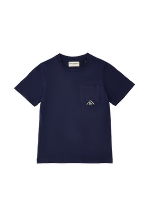 T-shirt blu navy a maniche corte con scollo rotondo e una piccola tasca sul petto sinistro con toppa con logo triangolare.