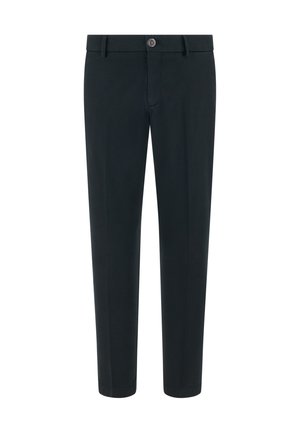 Czarne dopasowane spodnie o wąskim kroju z szlufkami, zapięciem na guzik i suwakiem, pokazane na jednolitym białym tle.