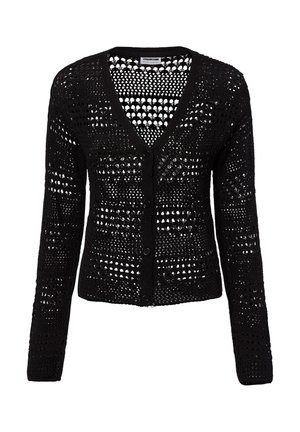 Black, long-sleeve, open-knit cardigan with a V-neck and button closure. Features a textured pattern with open stitching throughout.