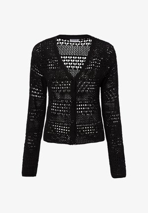 Black, long-sleeve, open-knit cardigan with a V-neck and button closure. Features a textured pattern with open stitching throughout.