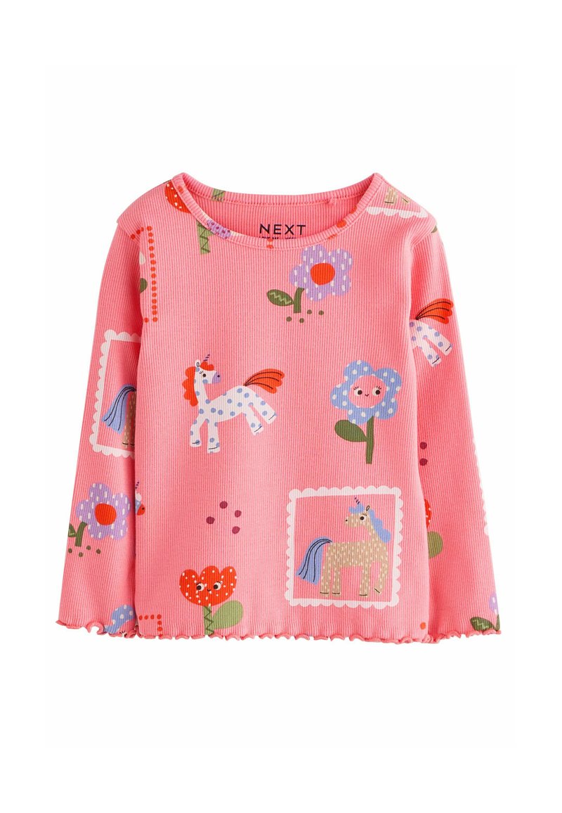 T-shirt à manches longues de couleur rose avec une texture côtelée, présentant des motifs colorés de licornes et de fleurs, un ourlet festonné et un col rond.