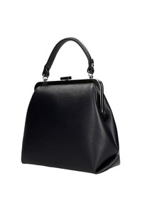 Borsa a mano in pelle nera con forma strutturata, manico superiore e chiusura in metallo. Superficie testurizzata e dettagli in metallo lucido.
