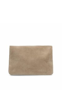 Sac à main rectangulaire en daim beige avec une texture simple et douce, sans matériel ni embellissements visibles.