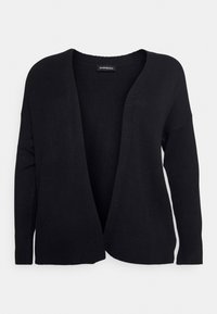 Cárdigan negro, diseño de frente abierto con mangas largas, hecho de material de punto suave, con una textura acanalada en los puños y el dobladillo.