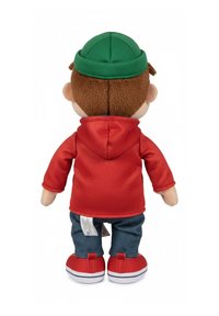 Plush doll with brown hair, wearing a red hoodie, blue jeans, and red shoes with white soles. Green cap and textured fabric details.