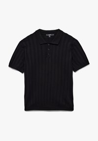 Schwarz geripptes Poloshirt mit kurzen Ärmeln, mit einer Drei-Knopf-Leiste und weichem, strukturiertem Stoff. Einfaches Design und standardmäßiger Kragen.