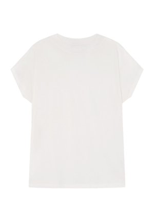 Weißes Baumwoll-T-Shirt mit lockerer Passform, kurzen Ärmeln, Rundhalsausschnitt und geradem Saum. Glatte Textur, keine sichtbaren Muster oder Akzente.