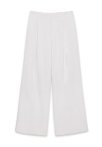 Kerged jalad hallidest pükstest, millel on kõrge talje, ees pleatid ja puhtad jooned. Sile tekstuur, ilma nähtava riistvarata.