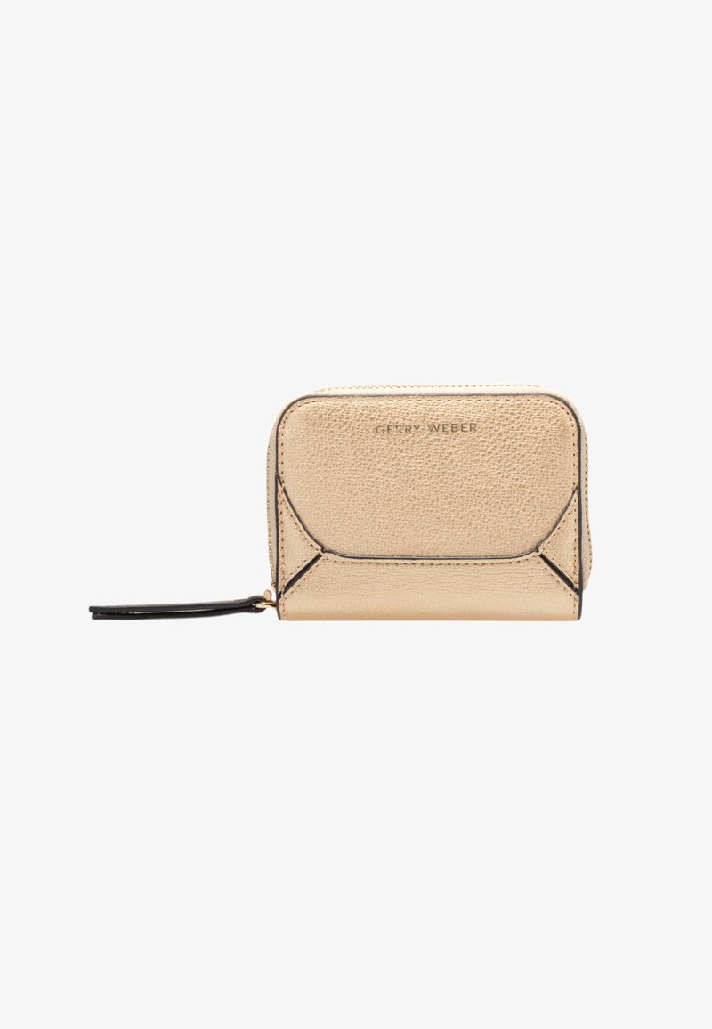 Gold textured wallet with a zipper and a wrist strap, featuring a black trim and "GERRY WEBER" embossed on the front.
