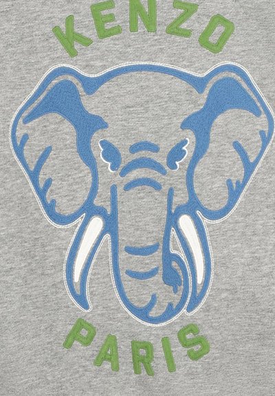 Sweatshirt gris avec un graphique d'éléphant bleu, des accents blancs et le texte vert "KENZO PARIS" en dessous. Texture douce, design décontracté.