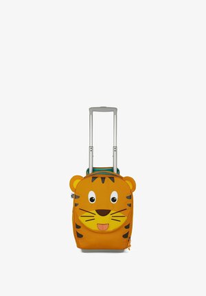 Orangenfarbene Reisetasche mit einem Tigergesicht-Design, das auffällige Augen, Schnurrhaare und Ohren zeigt. Sie verfügt über einen ausziehbaren Griff und einen Reißverschluss.