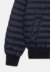 Manche de veste matelassée bleu marine avec poignet en côte et poche latérale inclinée sur fond uni.