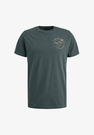 Mørkegrøn bomulds t-shirt med rund halsudskæring og korte ærmer. Foran prydes den af et falmet grafisk print i lys brun.