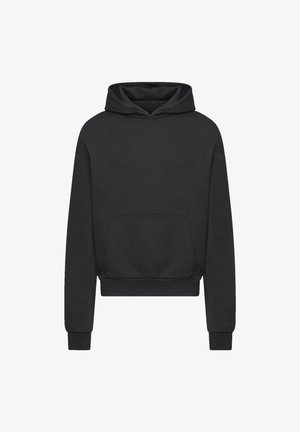 Schwarzer Hoodie mit großer Vorderasche, Kordelzugkapuze, gerippten Bündchen und lockerem Schnitt. Hergestellt aus weichem, strukturiertem Stoff.