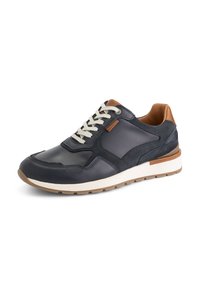 Marineblauer Ledersneaker mit Wildlederakzenten, Schnürdesign, weißer Zwischensohle und hellbraunem Fersendetail. Verfügt über eine abgerundete Zehenpartie und eine strukturierte Oberfläche.